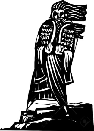 Woodcut-style-image-of-the-Biblical-Moses-bringing-the-ten-commandments-down-from-the-mountain--Stock-Vector