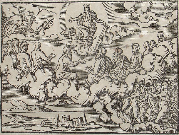 Council of gods before the Deluge. Engraving by Virgil Solis for Ovid's Metamorphoses Book